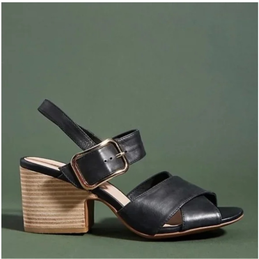 NEW Anthropologie Silent D Silchon Black Leather Crisscross Strap Heeled Sandal